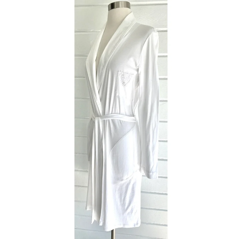 HANRO 100% Mercerized Cotton Shawl Collar Wrap Robe w/Lace Pocket Detail - XS